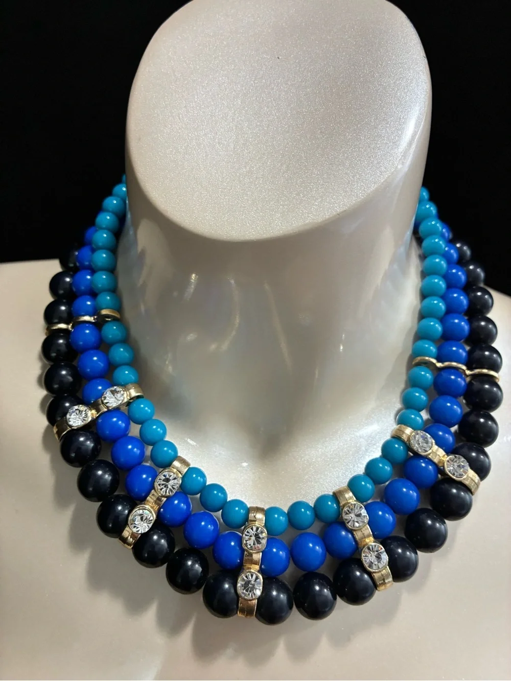 Triple-Strand Blue & Black Beaded Statement Party Necklace with Rhinestones EUC
